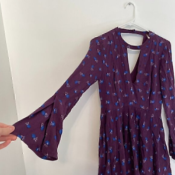 FREE PEOPLE FP Teagan Dress Purple Blue Long Flare Sleeve Cutout Mini Fit Flare - Picture 5 of 14
